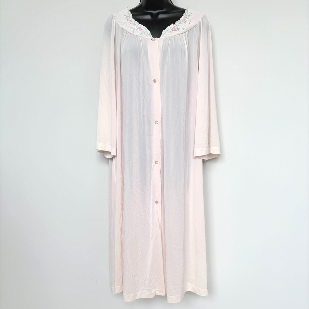 Vintage Robe Floral Embroidered Button Front Nightgown Pink S